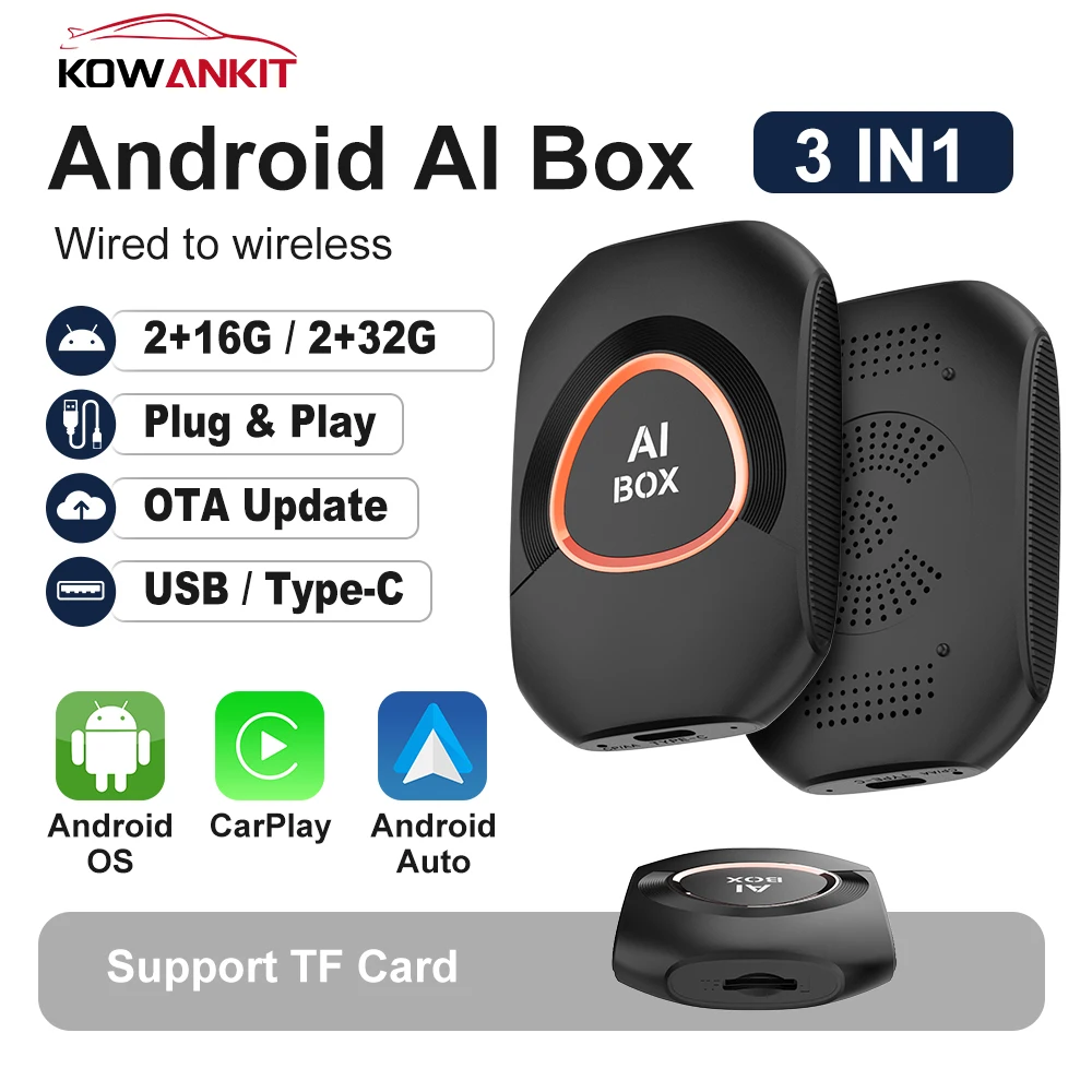 2026 Android15 Wireless CarPlay/Android Auto 3in1 CarPlay Ai Box 4Cores 2GB+32GB Plug and Play Stable Transmission