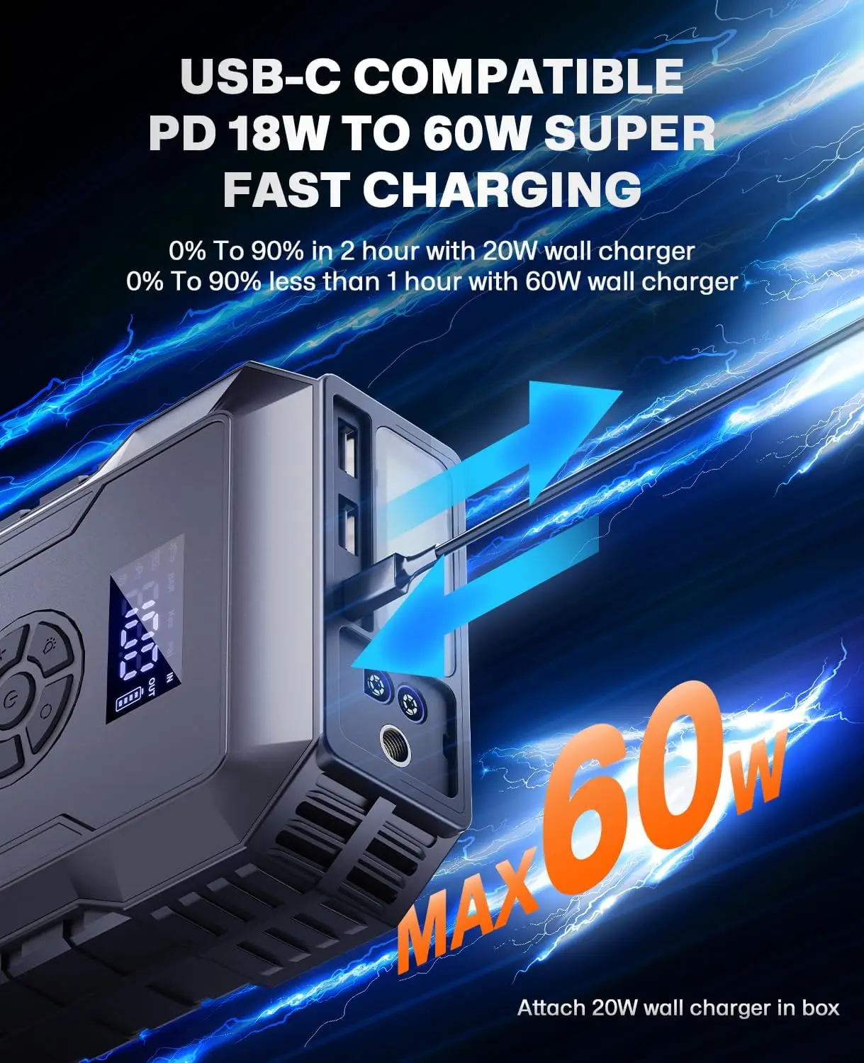^For Car Jump Starter with Air Compressor,Jumper Box,12v Battery Charger | portable,160 psi pump pressure,5000A start pk,24000mA
