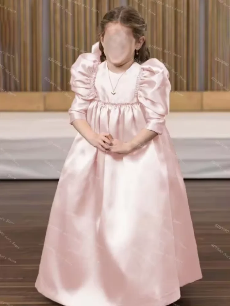 Vestido de novia de niña de flores color champán, vestido de princesa acampanado, vestido de comunión plisado de satén, vestido de fiesta personalizado para niños