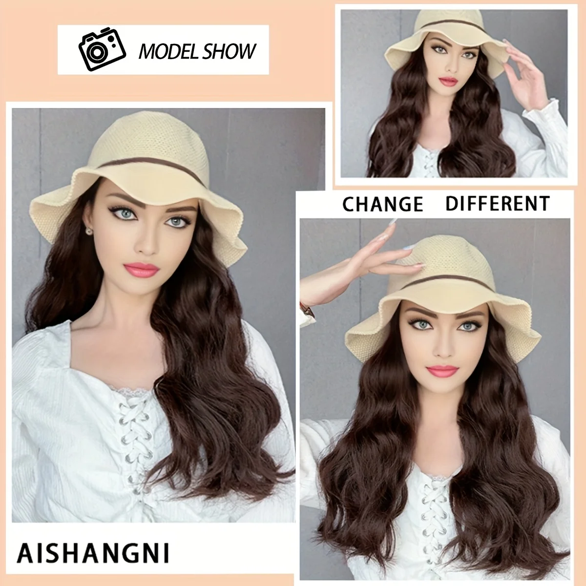 Synthetic Long Curly Wave Hair Women's Summer Sun Hat Wig - Breathable Bow Ribbon Fisherman Hat Wig hat wig in one