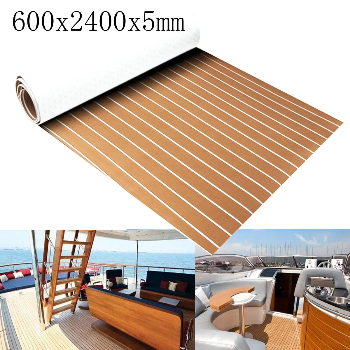 

2400x600x5mm Self-Adhesive Boat Decking Sheet Brown White EVA Foam Faux Teak Decking Marine Flooring Sheet Striped Mat Pad