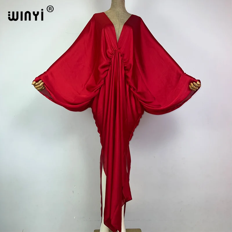 WINYI baju renang monokrom elegan baju pantai wanita baju V-neck musim panas pakaian wanita mode gaun panjang Bawah