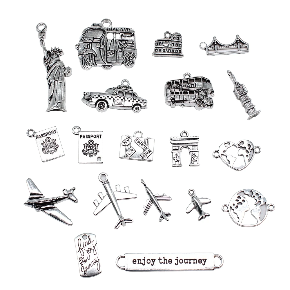 10pcs Antique Silver Plated Travel Journey Souvenir Charms Aircraft Passport Charms For Necklace Bracelet Keychain Making