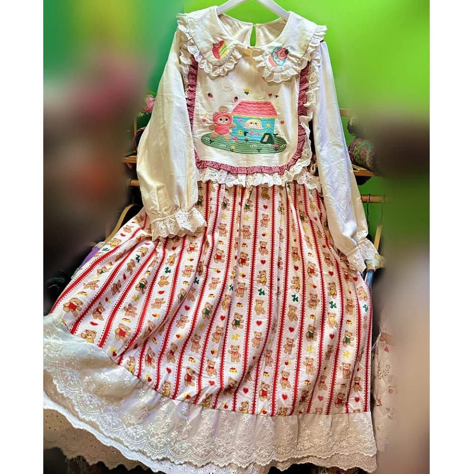 

Winter Fleece Corduroy Patchwork Ruffled Lace Sweet Kawaii Lolita Midi Dress Women Cottagecore Goblincore Aesthetic Long Dress