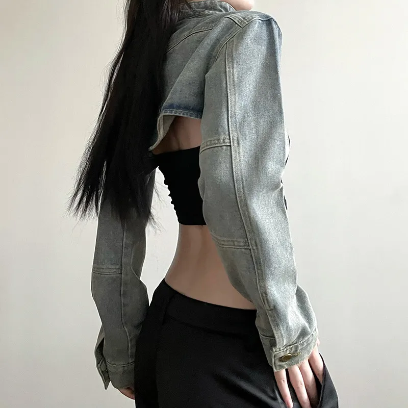 Spring and Summer Streetwear Hot Girl Ultra Short Denim Jacket for Women's Fashion Stand Up Collar Coat Y2k Chaqueta Mujer