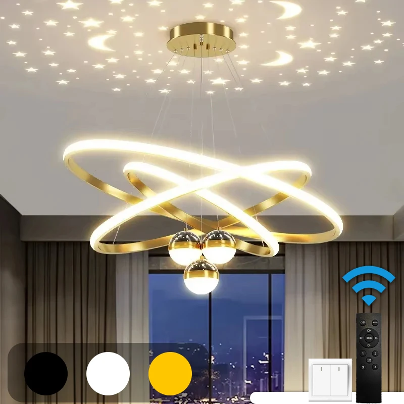 Lámpara LED de proyección de cielo estrellado nórdico, lámpara colgante de techo negra/dorada para sala de estar, dormitorio, cocina, iluminación interior, nuevo