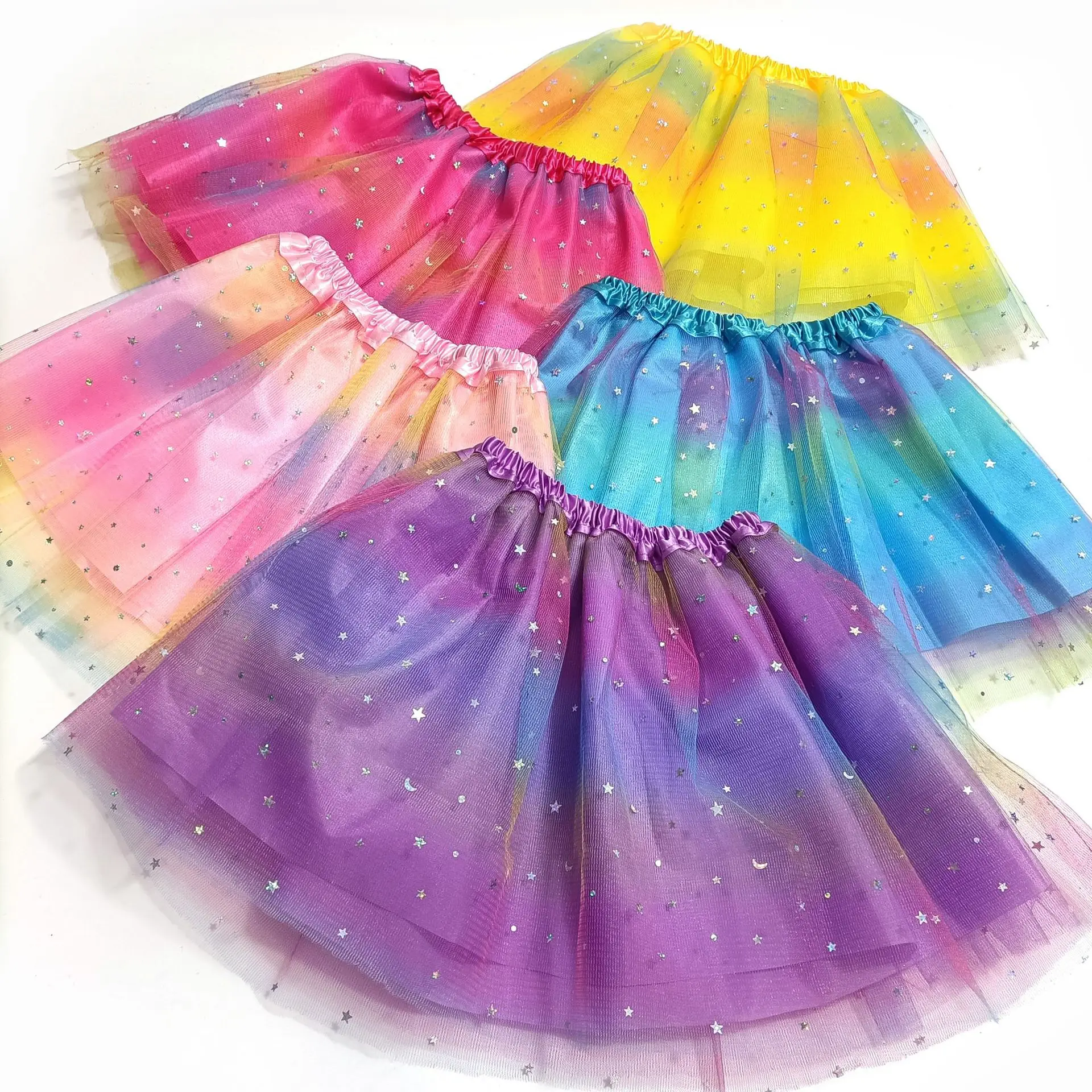 Girls Cute Sparkling Star Moon Tutu Pink Purple Blue Yellow Rose Red Skirt, Length 30cm with Lining, for Dance Birthday Party