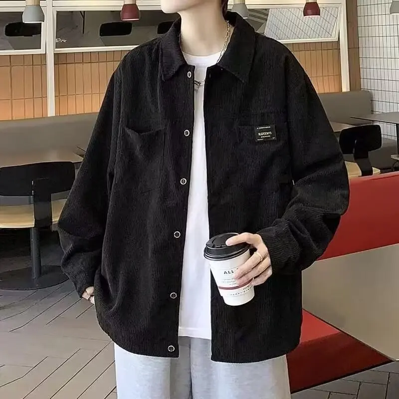 Long Sleeve  Spring New Loose Corduroy Hong Kong Style Japanese Shirt Jacket Coat Men
