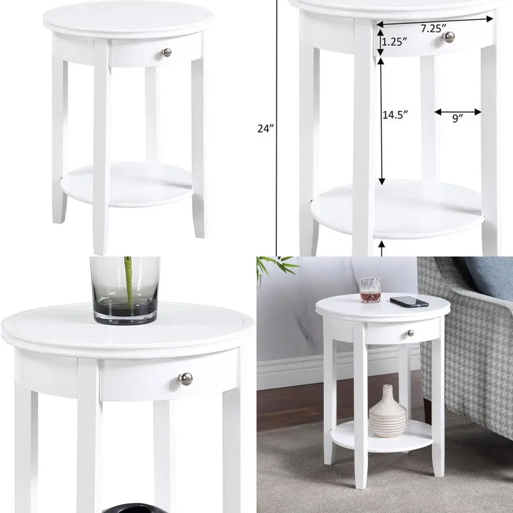 

Classic White Baldwin Round Side Table with Drawer and Shelf for Living Room, Family Room, or Bedroom Nightstand