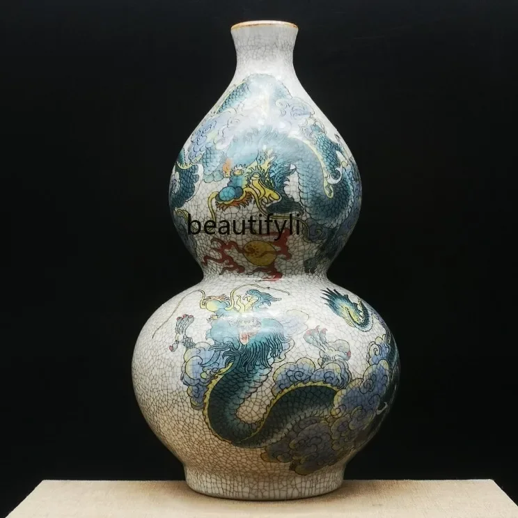 

Shuanglong play bead gourd bottle antique, old goods old goods Chinese living room decorative vase ornament H H