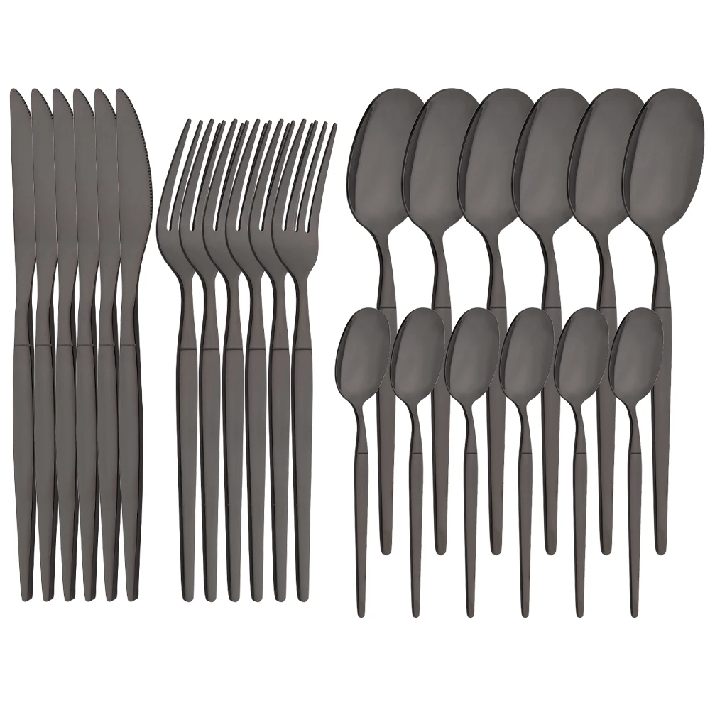 24Pcs Mirror Black Flatware Set Stainless Steel Dinner Knife Fork Coffee Spoon Cutlery Set Kitchen Tableware Dinnerware Set