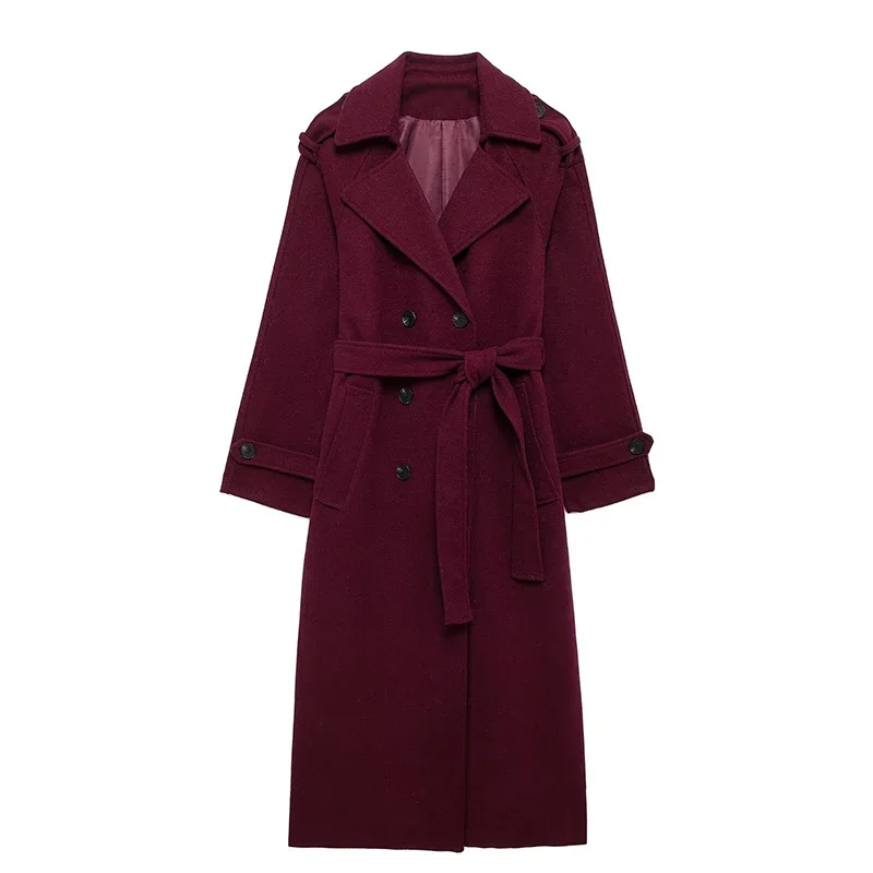 

Urban Double Breasted Long Coat With Scarf Women Wine Red Long Sleeve Women's Woolen Blend Overcoat 2024 Street Lady Outwears