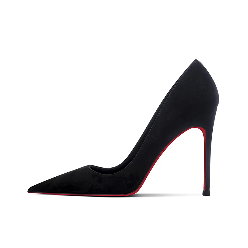 Red soled high heels, women's slim heels, 2025 new design, niche temperament, cashmere black professional pointed single shoes