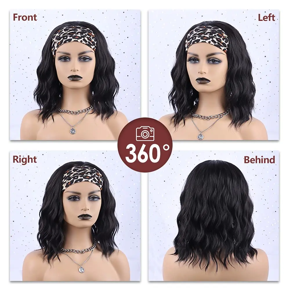 Headband Wig Short Wavy Wigs for Black Women Black Bob Wig Synthetic Natural Curly Shoulder Length Wigs 16 Inch for Daily/Party