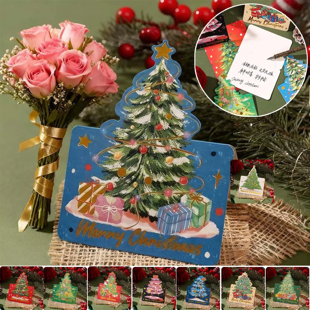 

10pcs Christmas Greeting Card Gold-embossed Christmas Tree Decoration Card Suitable for Party Wishes Message Cards Papai Noel
