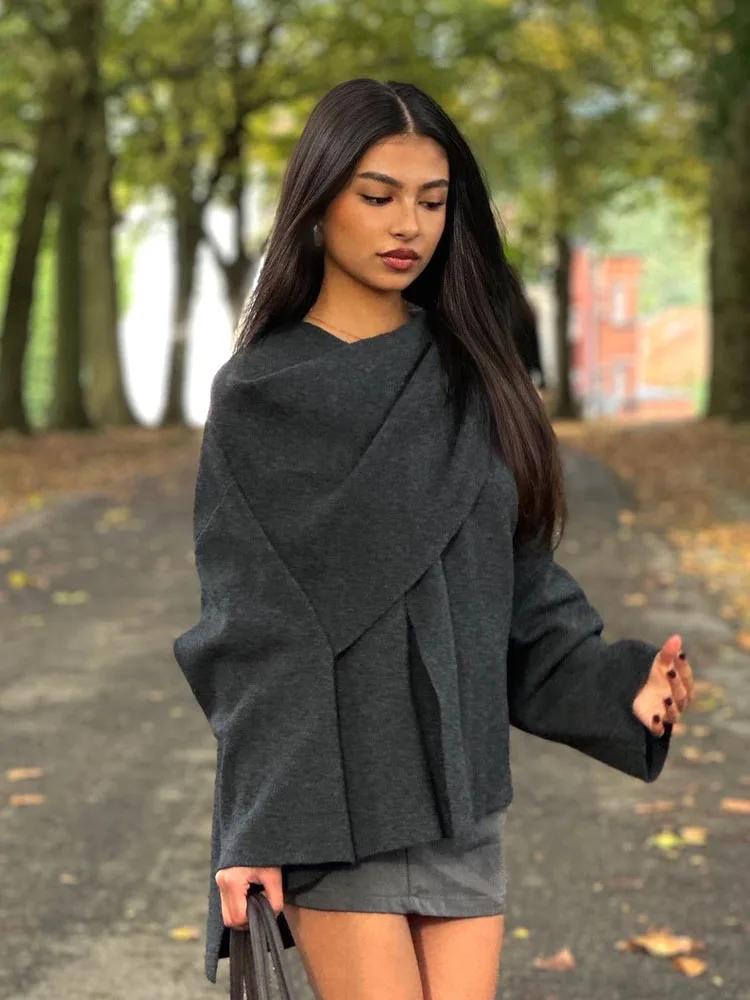 HH Winter Women\'s Fashion Long-sleeved Single-button Loose Woolen Coat With Asymmetrical Knitted Scarf Women\'s Short Coat