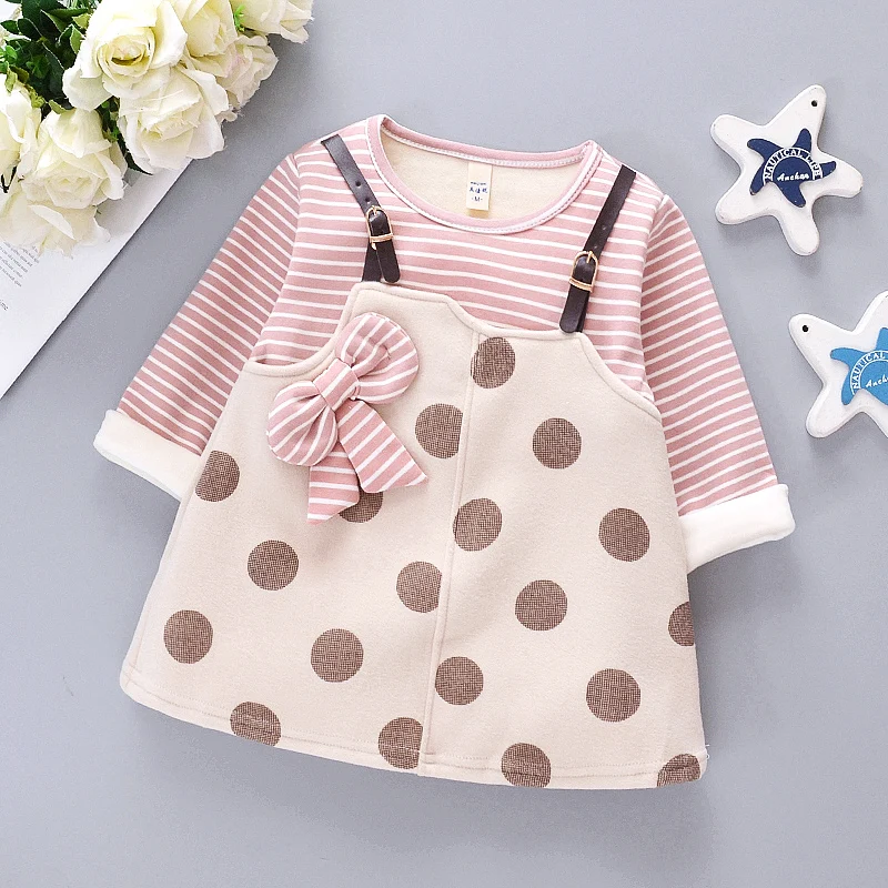 Autumn Fleece Warm Yellow Striped Bow Spliced Baby Girl Dress Korean Style Fashion Lovely Polka Dots Toddler Dress