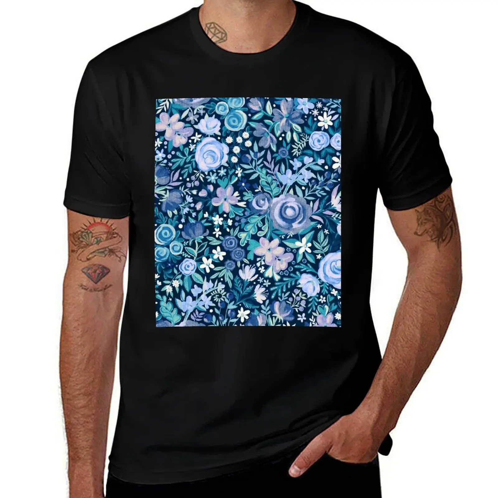 Wild Flowers Gouache Floral in Winter Purple, Teal and Blue Pattern T-Shirt luxury designer custom shirt sweat shirts, men