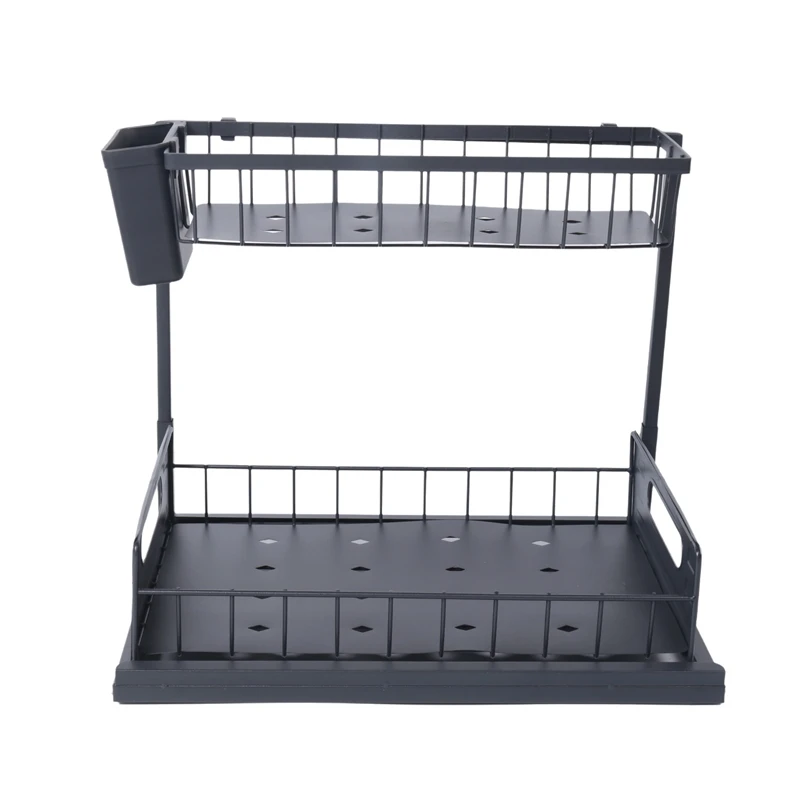 Organizer, pengatur kamar mandi di bawah penyimpanan kabinet, Penyimpanan konter 2 tingkat dengan kait laci cangkir tahan lama mudah digunakan