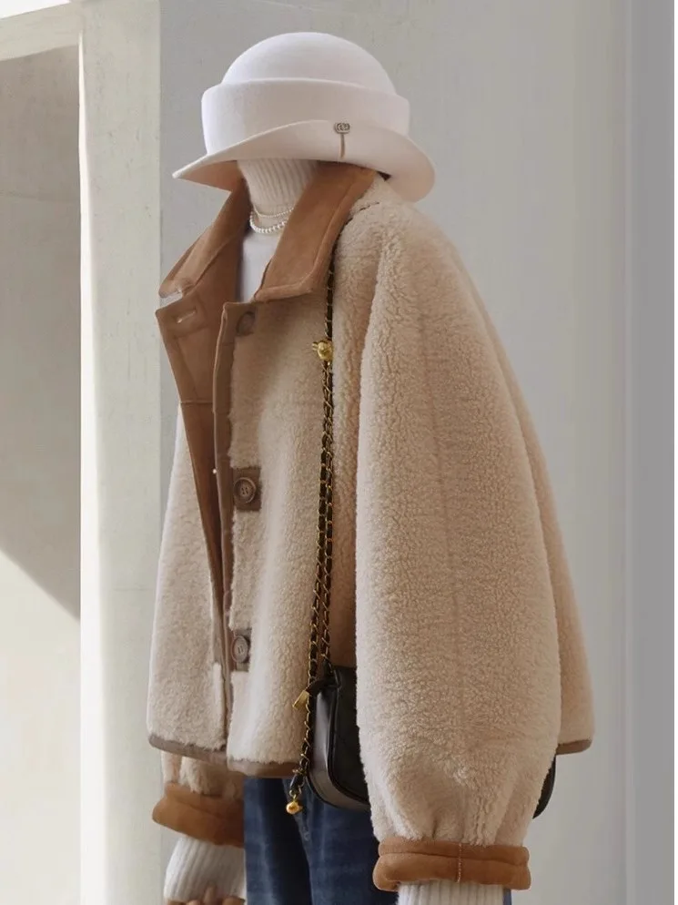 女性用両面着用厚手ラムファージャケットレトロブラウン春2026新作通勤ルーズフィットロングスリーブコート