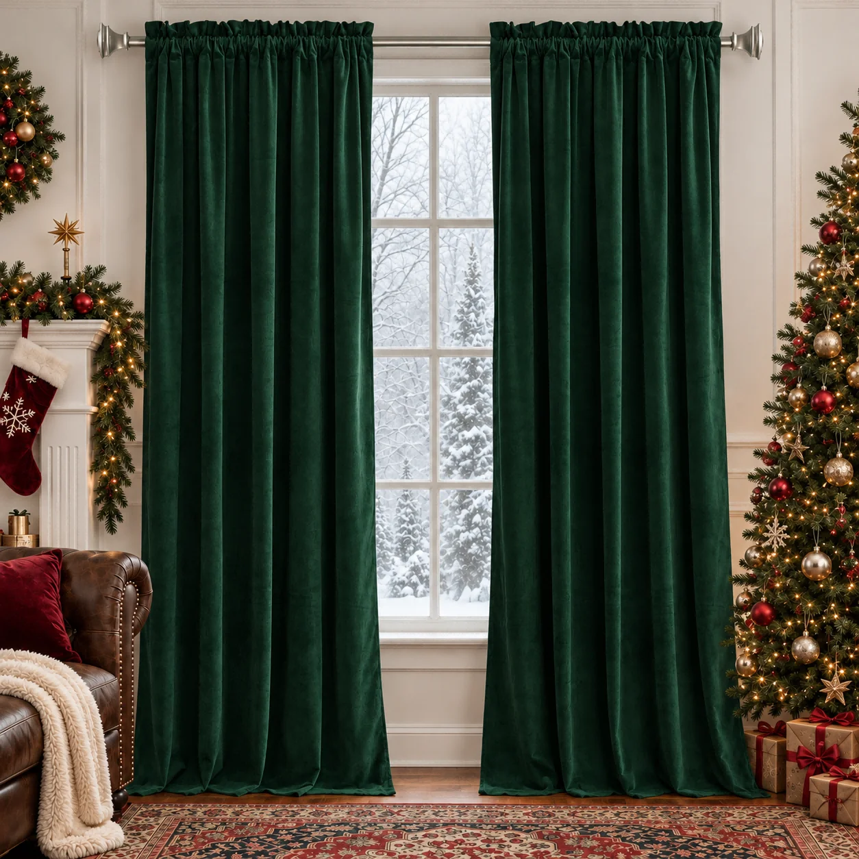 Green Velvet Blackout Curtains 84 inches for Christmas Bedroom, Living Room Darkening, Thermal Insulated, Noise Reducing
