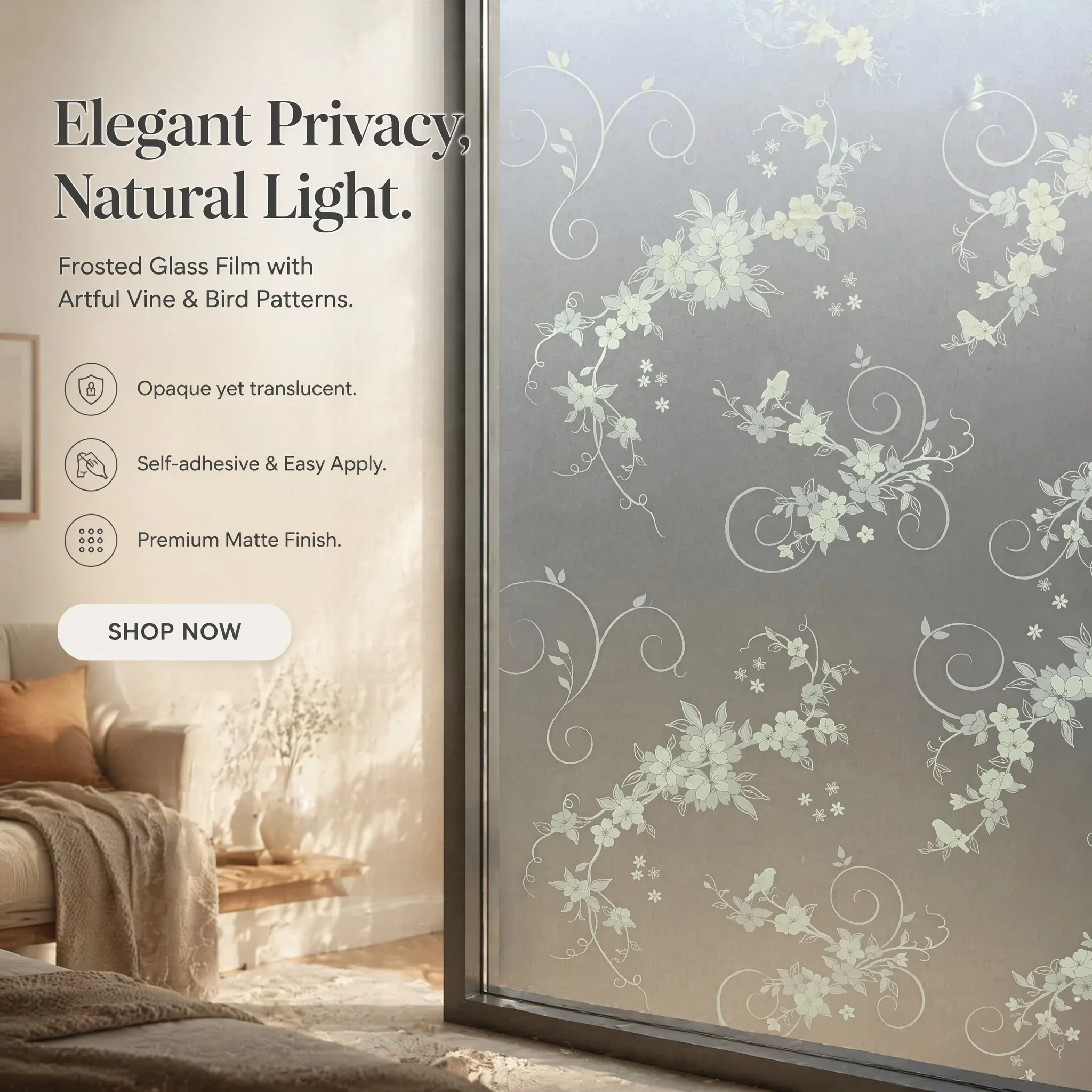 Exquisite Floral Bird Curly Vine Light Gray Frosted Window Film 100% Waterproof Anti-Mildew Self Adhesive Decorative Glass Decal