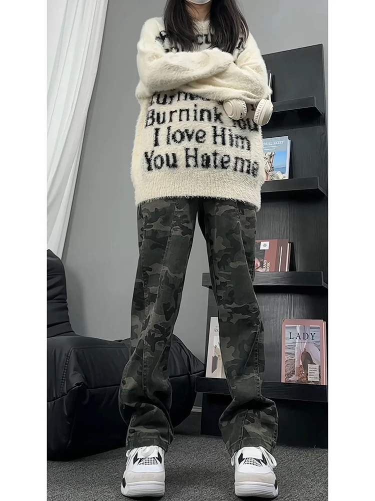 

Американские камуфляжные брюки High Street для мужчин, осенне-зимняя дизайнерская рабочая одежда, джинсы прямого кроя с джинсовой лоскутной отделкой и флисовой подкладкой