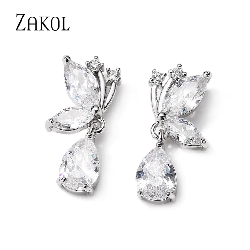 ZAKOL Sweet Korean Butterfly Dangle Earrings with Water Drop Cubic Zirconia For Women Fashion Party Jewelry EP2476