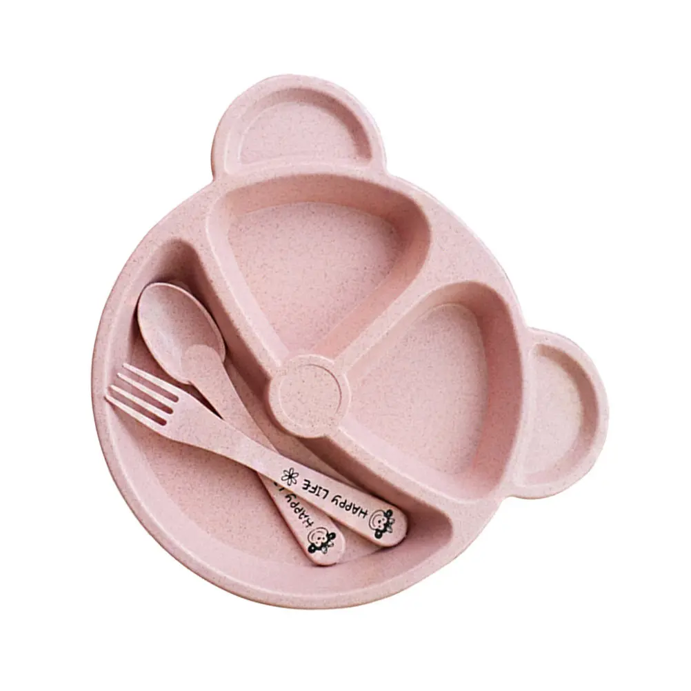 3Pcs Dining Tray Set Wheat Straw Material Divided Plate Spoon Fork Combo for Bear Design Snack Organizer Natural