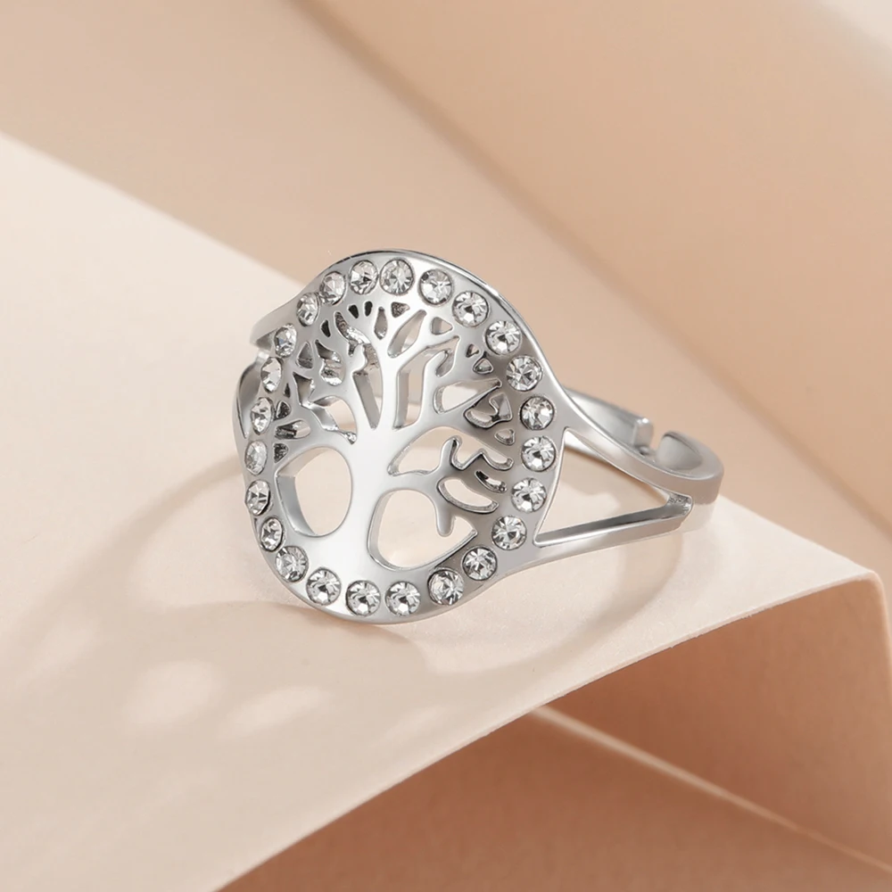 Dawapara Baum des Lebens Damen Ring Klarer Zirkon Verstellbarer Ring Yggdrasil Stammbaum Paar Schmuck Edelstahl Ehering – Detail 12