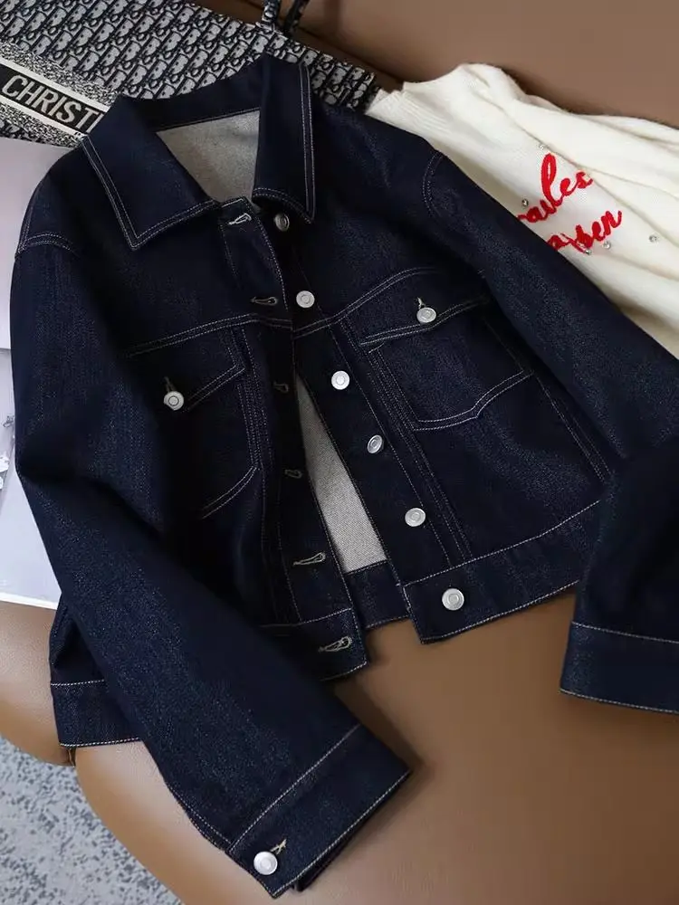 Retro Casual Stitched Color Block Short Thin Denim Jacket for Women Spring Autumn Loose Workwear Slimming BF Style Student Top