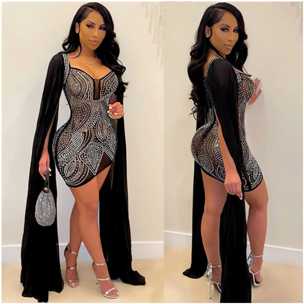 Schöne Flare Cape Sleeve Mesh Kristall Kleid Sparkle Sehen Durch Pailletten Bodycon Party Club Kleider Geburtstag Outfits Prom Kleid