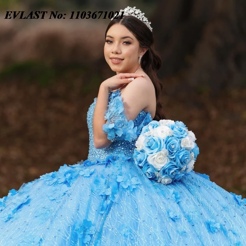 EVLAST 맞춤형 블루 성인식 원피스 볼 가운, 3D 꽃 레이스 아플리케 비즈 코르셋, 스위트 16 Vestidos De XV Anos SQ337