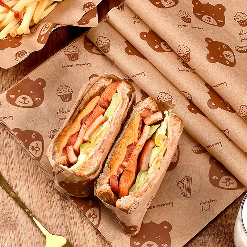 Papel de embalaje desechable con revestimiento de dibujos animados para sándwich, rollo de pollo a prueba de aceite para el hogar, herramienta de cocina para hornear, 50 piezas