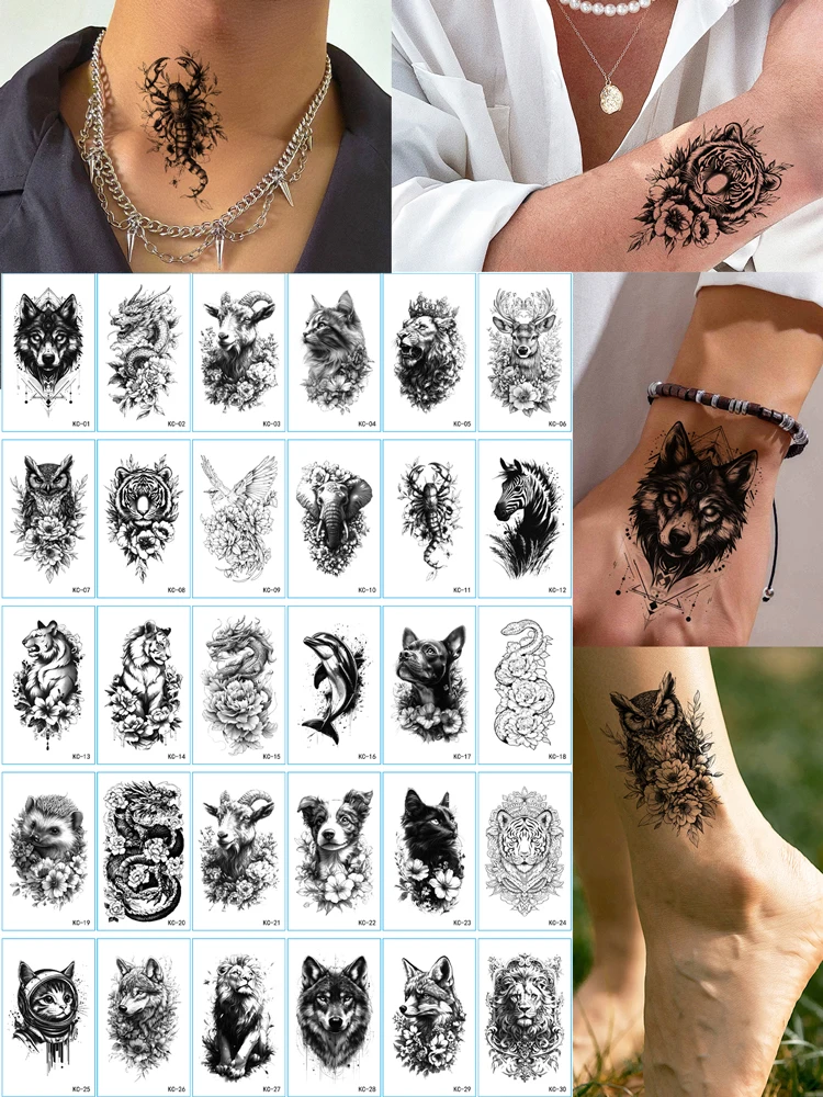 30 pièces petits animaux motif tatouage autocollants imperméable loup tigre hibou Lion éléphant tatouages temporaires pour femmes hommes Art corporel