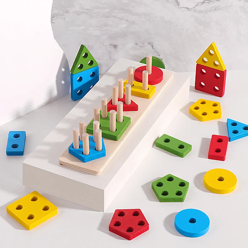 Montessori Toy Wooden Building Blocks Educational Early Learning Color Shape Geometric Sorting Stack Board Puzzle for Kids Gift