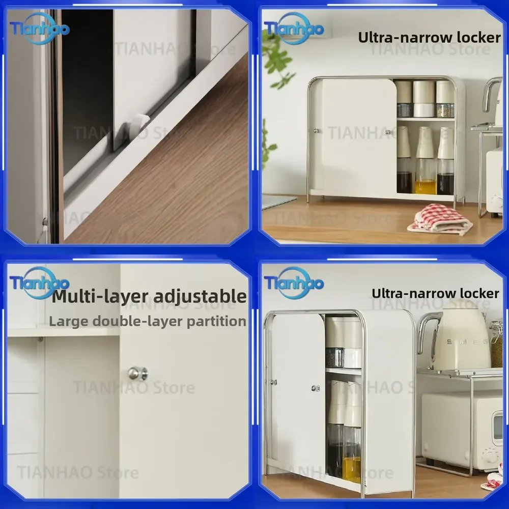 Metal Slim Storage Cabinet with Door Rustproof Desktop Organizer Dustproof Cup Shelf for Kitchen Dining Table Home Storage