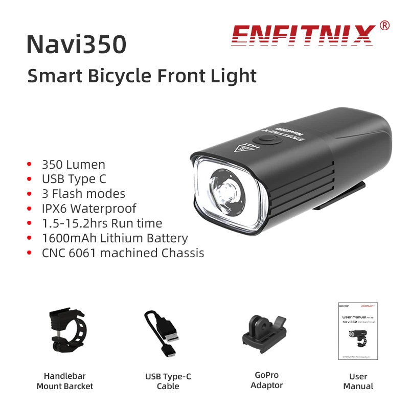 Enfitnix Navi350 Bicycle Smart Headlight Bike Front Light Waterproof USB Rechargeable Wide-Angle Flood Cycling Lamp Flashlight