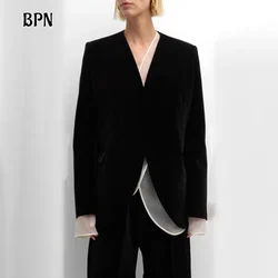 BPN Solidny luźny dwuczęściowy zestaw dla kobiet V Neck Długi rękaw Patchwork Pocket Coat Sheer Mesh Minimalistyczne topy Casual Sets Female