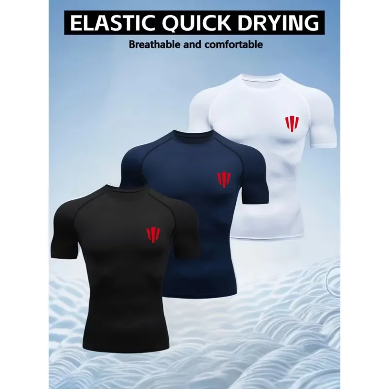3PCS 2026 New Men's 3-Piece Sports Top Set Breathable Quick-Dry Slim-Fit T-Shirt with Trendy Print Shapewear Style Large