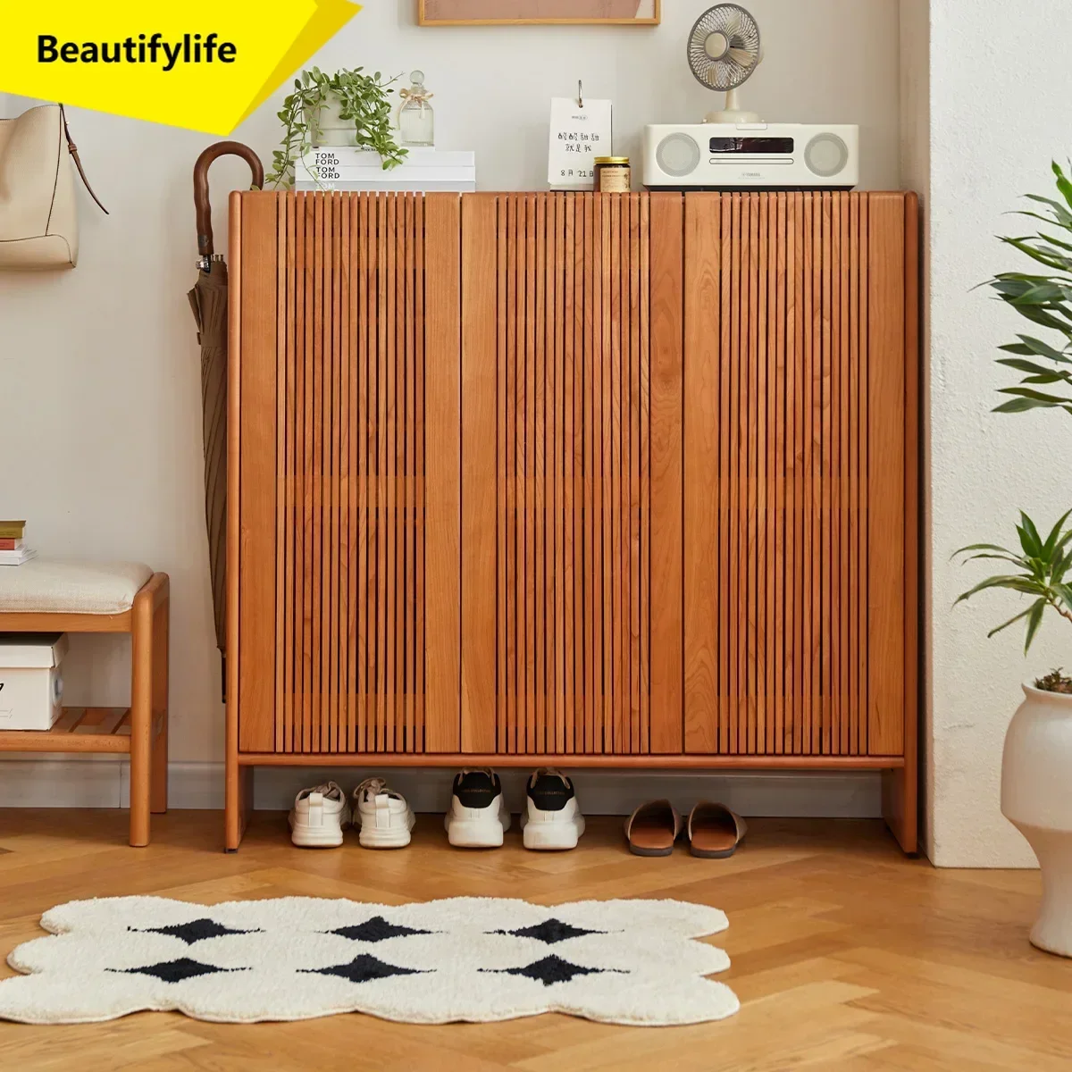 

Q181 Solid wood shoe cabinet household door shoe rack indoor cherry wood layered baffle deodorization