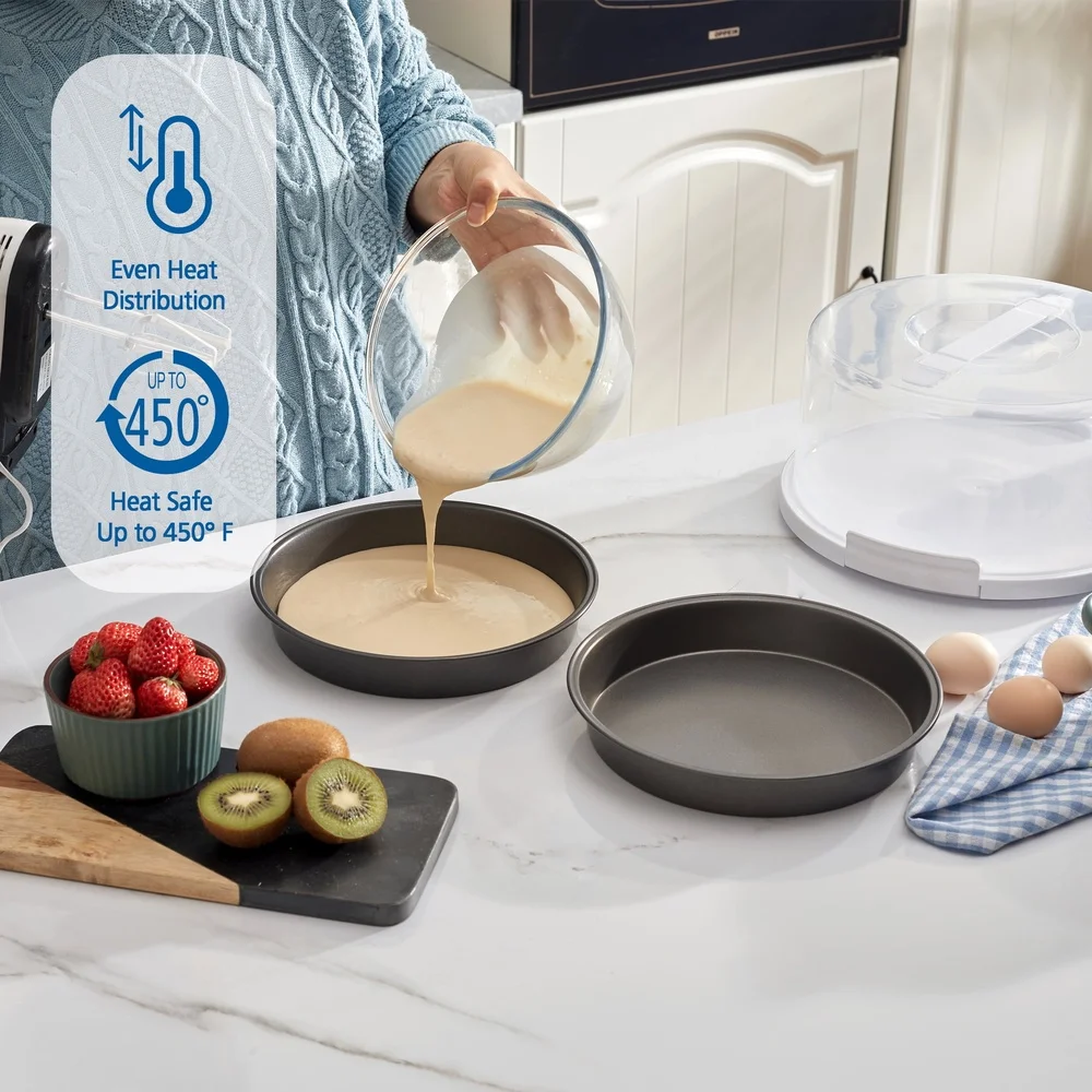 حامل كعكة شفاف مقاس 12 بوصة مع عبوة من 2 مقاس 9 بوصة من الصلب الكربوني المستدير غير اللاصق للنقل المثالي يخدم عرض الخبز #6