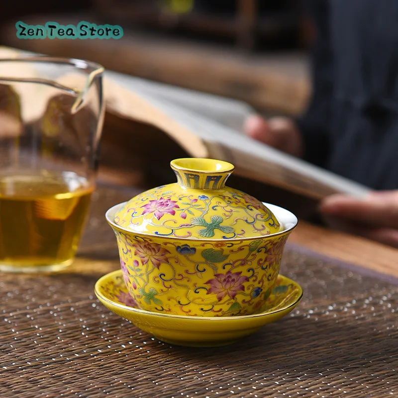 Enamel Three Kinds Of Cover Bowl Tea Bowl Kung Fu Tea Set Emperor Yellow Single Cup Tea Cover Bowl Cover Tea Trumpet