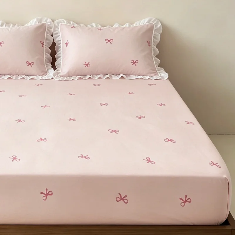 3Pcs Fitted Bed Sheet With Elastic Band Anti-slip Adjustable Mattress Cover ruffles Pillowcase without pillow core