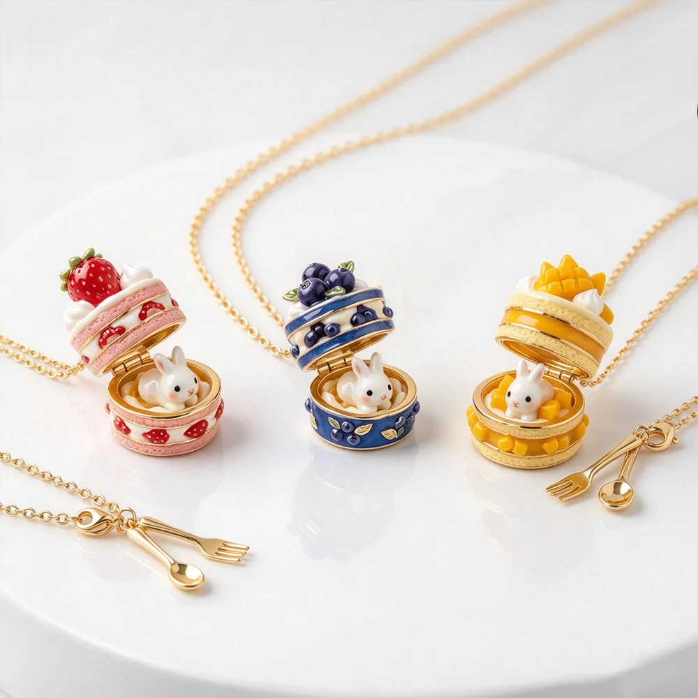 Cute 3D Openable Fruit Cake Locket Pendant Necklace Creative Rabbit Fork Spoon Charm Choker Jewelry for Women Kids Gifts