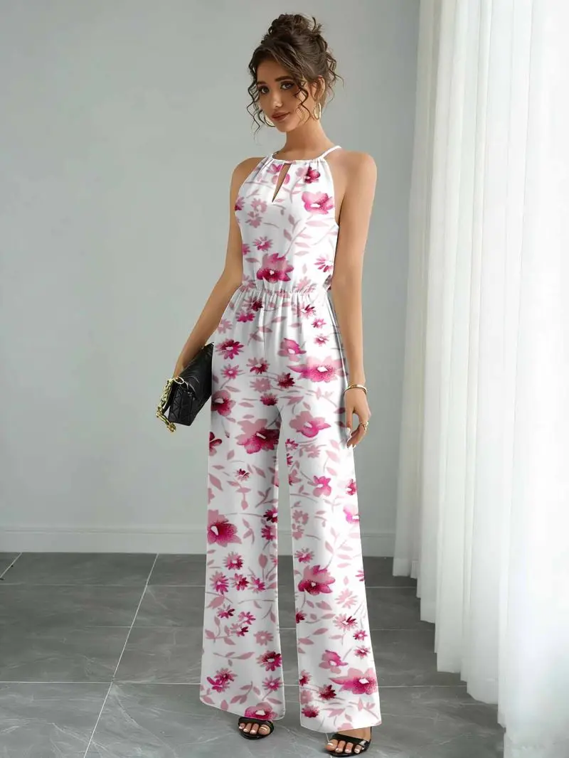 Women's Sleeveless Hanging Neck Wide Leg Jumpsuit Cinched Waist Slimming Pants for Dating And Commuting Casual Atmosphere