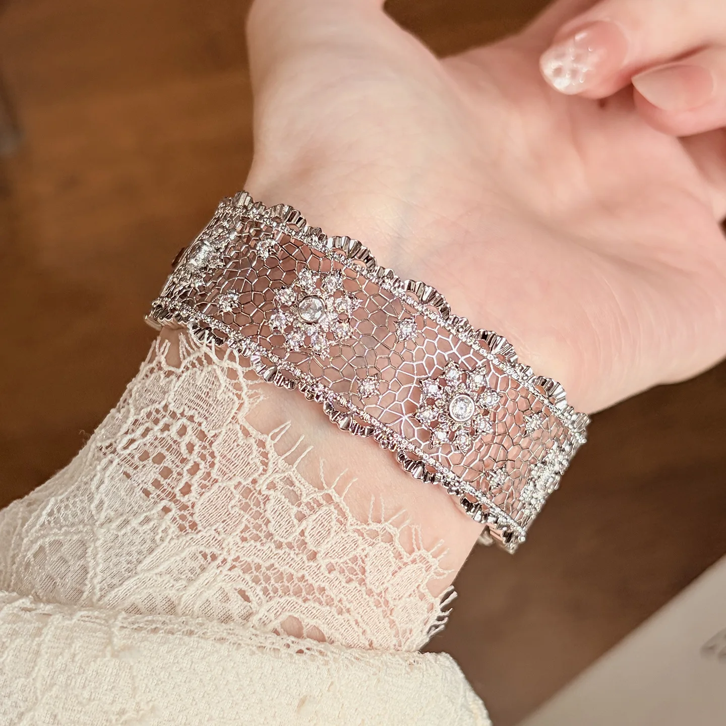 Vintage French Heavy Craft Hollow Lace Bangle Fine Jewelry 925 Sterling Silver Daily Luxury Statement Bracelet For Women