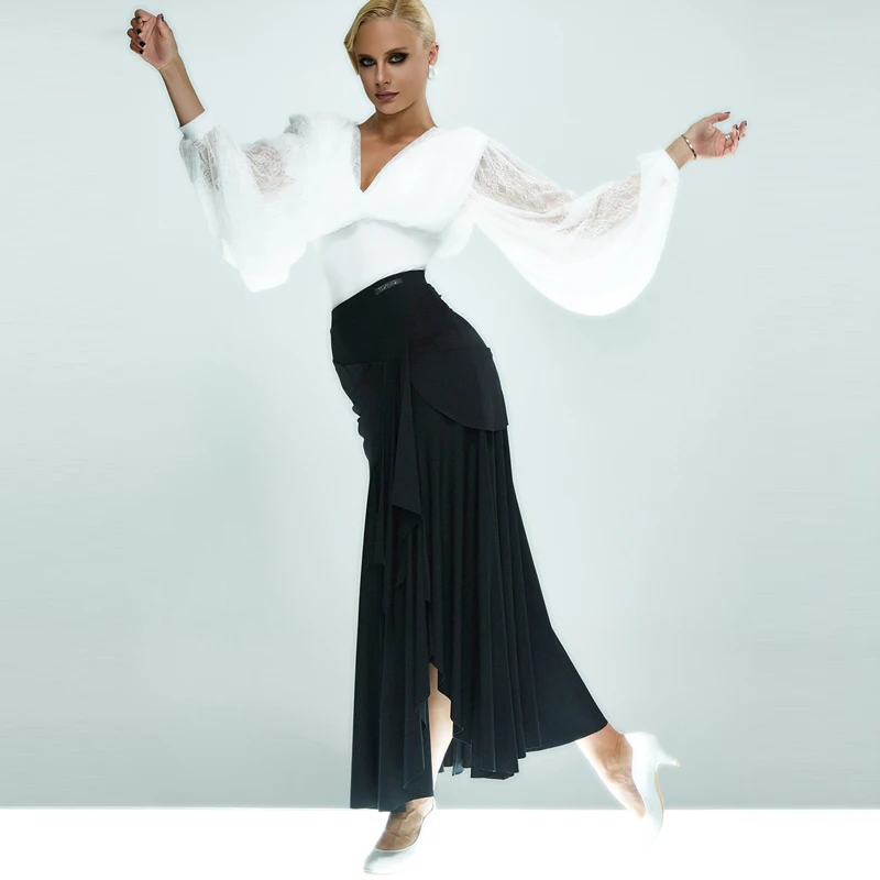 Costume de danse latine Rumba pour adultes, haut à manches chauve-souris, jupe de danse moderne, vêtements de danse pour salle de bal, costumes d'entraînement SL13132