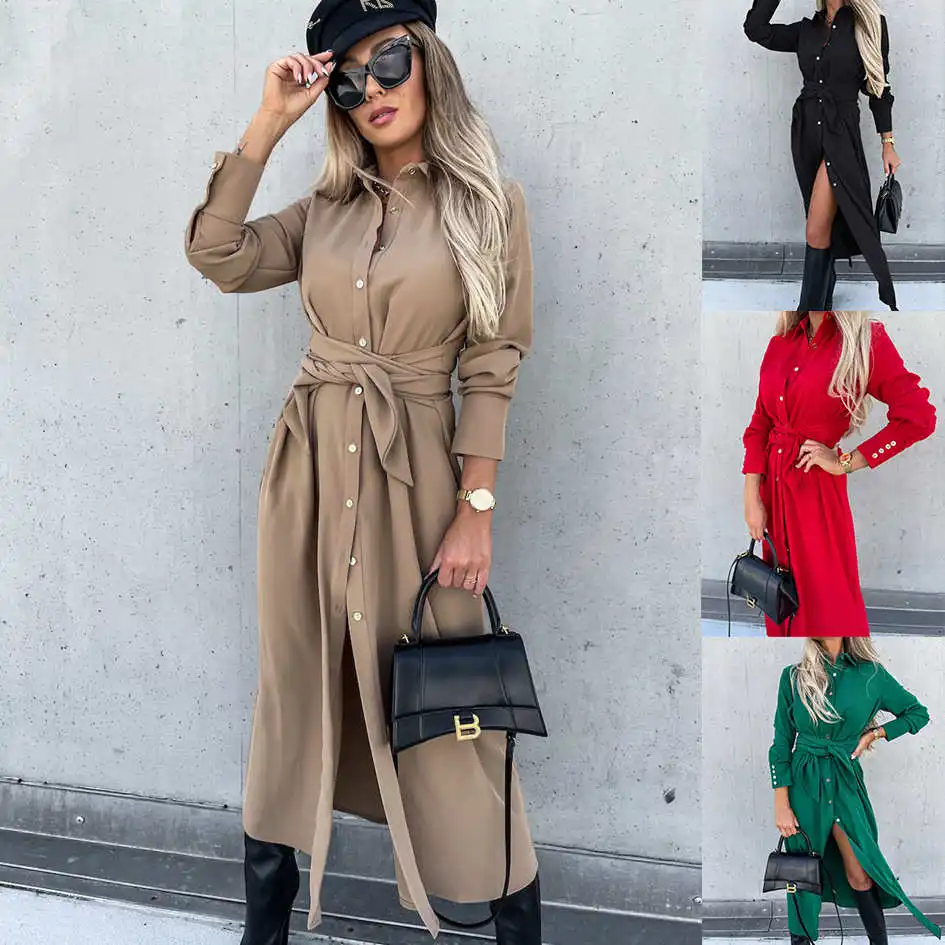 レディース シャツカラー ウエストアップドレス カジュアル ハイウエスト 長袖 コットンリネン 春秋 ポロカラー シングルボタン留め