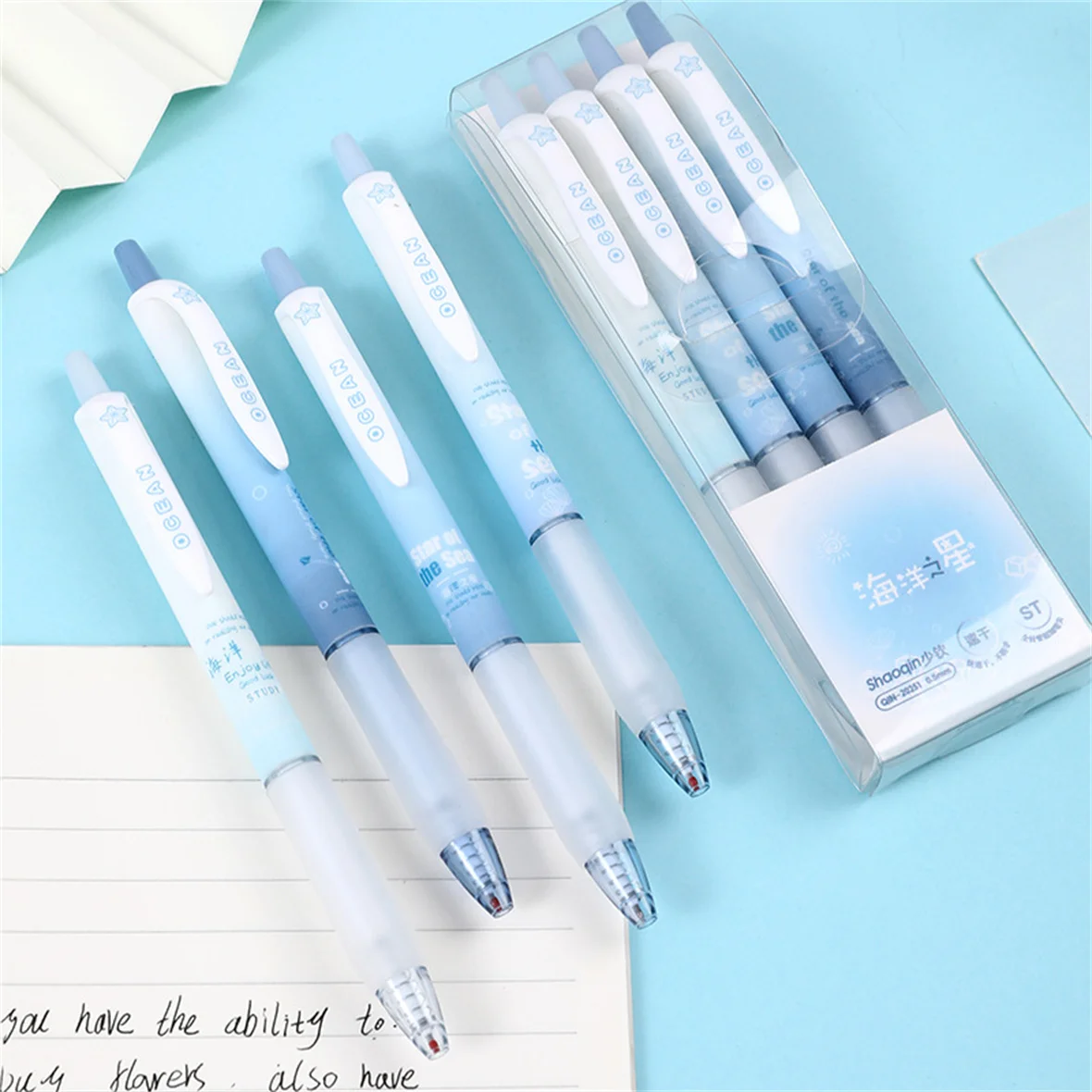 4pcs Blue Series Gel Ink Pen Set ST Pen Tip Black Ink Quick Dry Pen Press Action Neutral Pen School Supplies Office Stationery